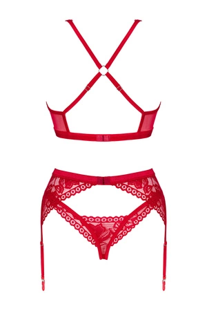 Obsessive Lacelove 3-pcs set Nocna komplet biustonosz + stringi + pas do pończoch, czerwony