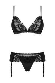 Obsessive Maderris 3-pcs set Nocna komplet biustonosz + stringi + pas do pończoch, czarny