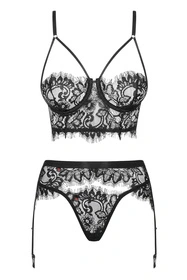 Obsessive Lashy set Nocna komplet biustonosz + stringi + pas do pończoch, czarny