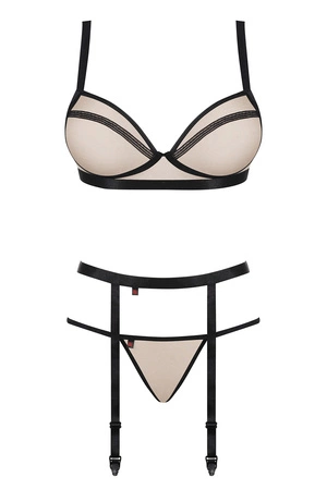 Obsessive Nudelia Noir 3-pcs set Nocna komplet biustonosz + stringi + pas do pończoch, beżowy