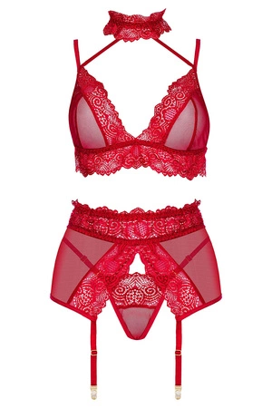 Beauty Night Velvet Sin set BN6762 Nocna komplet biustonosz + stringi + pas do pończoch, cherry