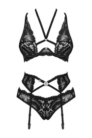 Obsessive Alessya set Nocna komplet biustonosz + figi + pas do pończoch, czarny