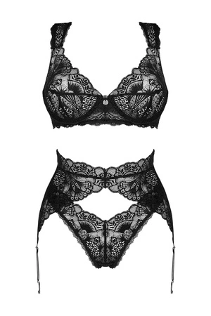 Obsessive Donna Dream 3-pcs set Nocna komplet biustonosz + stringi + pas do pończoch, czarny