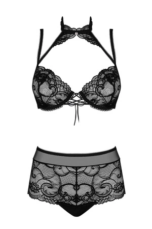 Obsessive Elizenes 2-pcs set Nocna komplet biustonosz + figi, czarny