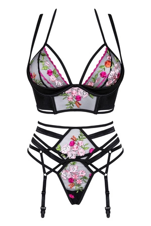 Beauty Night Joanna set BN6685 Nocna komplet biustonosz + stringi + pas do pończoch, black