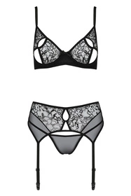 Passion Primula set Nocna komplet biustonosz + stringi + pas do pończoch, black