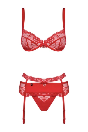 Obsessive Heartina set Nocna komplet biustonosz + stringi + pas do pończoch, czerwony