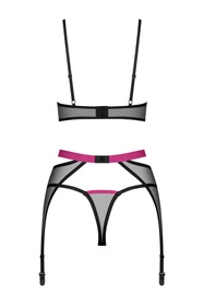Obsessive Novenes 3-pcs set Nocna komplet biustonosz + stringi + pas do pończoch, black