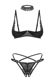 Obsessive Donarella 3-pcs set Nocna komplet półbiustonosz + stringi otwarte, black