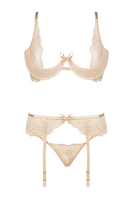 Beauty Night Rose set BN6725 Nocna komplet biustonosz + stringi + pas do pończoch, nude