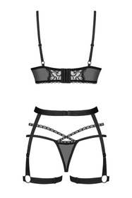 Obsessive Blomentis 3-pcs set Nocna komplet biustonosz + stringi + pas do pończoch, czarny
