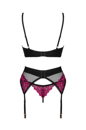 Obsessive Rosenty 3-pcs set Nocna komplet biustonosz + stringi + pas do pończoch, czarny