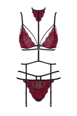 Obsessive Sugestina 3-pcs set Nocna komplet biustonosz + figi + pas do pończoch, bordowy