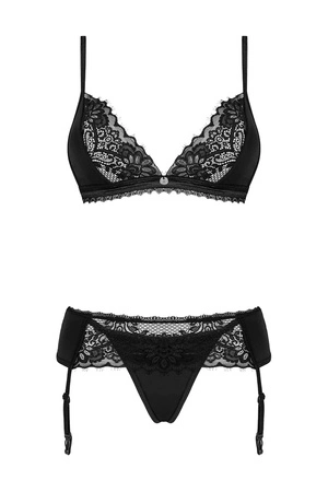 Obsessive Maderris 3-pcs set Nocna komplet biustonosz + stringi + pas do pończoch, czarny