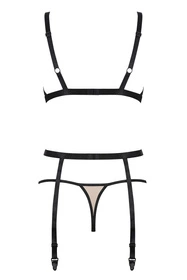 Obsessive Nudelia Noir 3-pcs set Nocna komplet biustonosz + stringi + pas do pończoch, beżowy