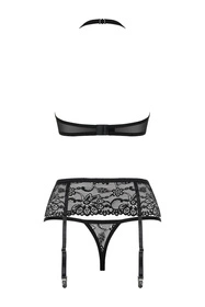 Obsessive 838-SEG-1 Nocna komplet biustonosz + stringi + pas do pończoch, czarny