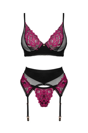 Obsessive Rosenty 3-pcs set Nocna komplet biustonosz + stringi + pas do pończoch, czarny