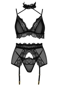Beauty Night Velvet Sin set BN6761 Nocna komplet biustonosz + stringi + pas do pończoch, black