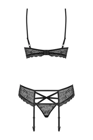 Obsessive 818-SEG-1 Nocna komplet biustonosz + stringi + pas do pończoch, czarny