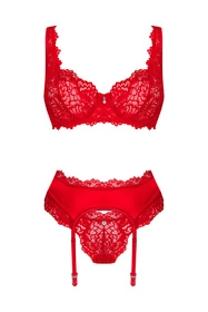 Obsessive Amor Cherris 3-pcs set Nocna komplet biustonosz + stringi + pas do pończoch, czerwony