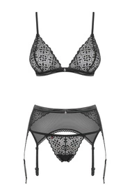 Obsessive Shibu Set Nocna komplet biustonosz + stringi + pas do pończoch, czarny