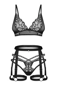 Obsessive Blomentis 3-pcs set Nocna komplet biustonosz + stringi + pas do pończoch, czarny