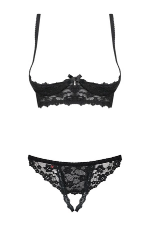 Obsessive Letica Cupless Set Nocna komplet biustonosz + stringi, czarny