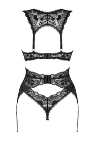Obsessive Donna Dream 3-pcs set Nocna komplet biustonosz + stringi + pas do pończoch, czarny