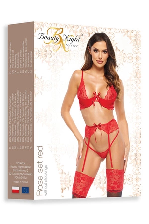 Beauty Night Rose set BN6696 Nocna komplet biustonosz + stringi + pas do pończoch, red