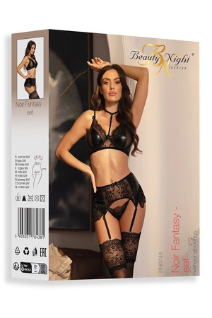 Beauty Night Noir Fantasy set BN6748 Nocna komplet biustonosz + stringi + pas do pończoch, black