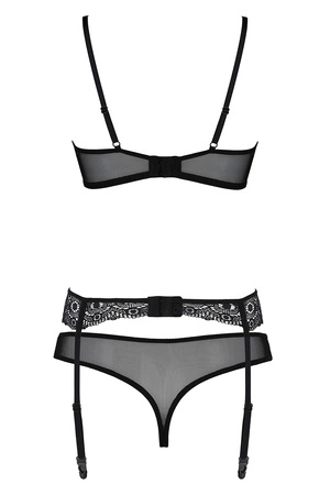 Passion Zinnia set Nocna komplet biustonosz + stringi + pas do pończoch, black