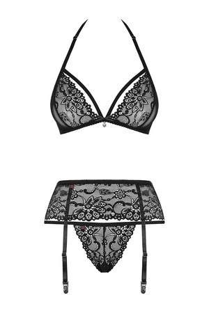 Obsessive 838-SEG-1 Nocna komplet biustonosz + stringi + pas do pończoch, czarny