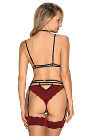 Obsessive Sugestina 3-pcs set Nocna komplet biustonosz + figi + pas do pończoch, bordowy